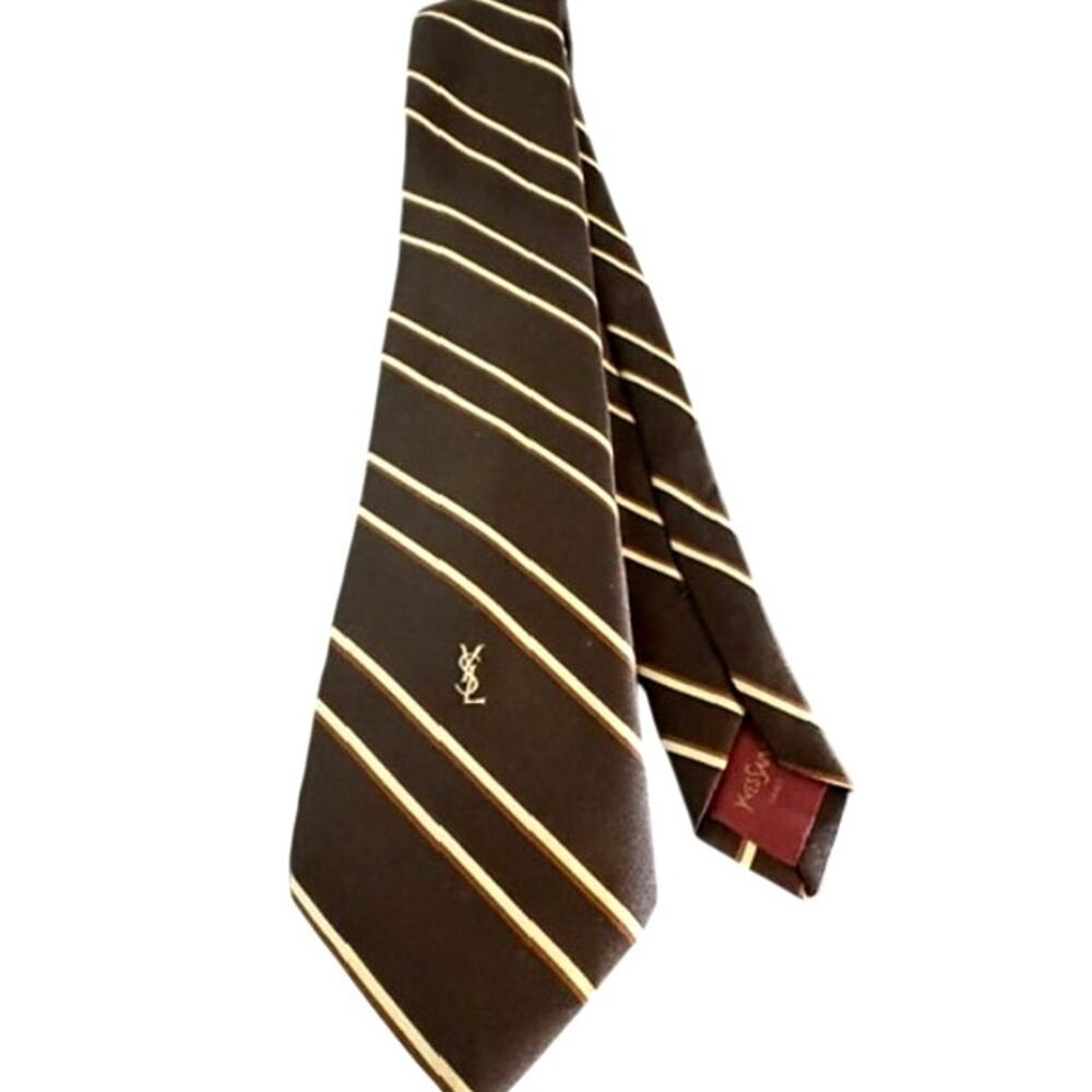 Yves Saint Laurent YSL Logo Silk‎ Brown Striped Men's Tie